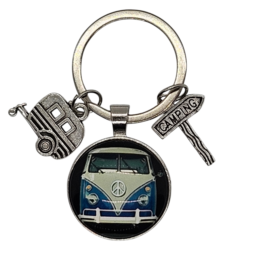 Keychain Retro Van Blue Volkswagen Bus Peace Sign - Picture 5 of 8
